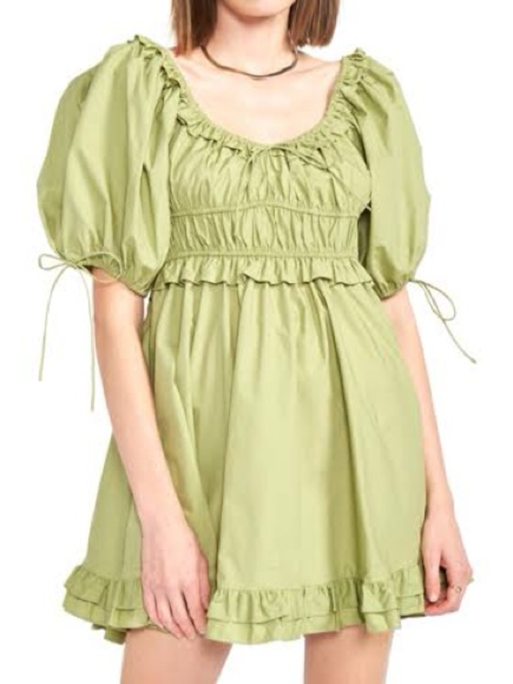 En Saison Danielle Puff Sleeve Smocked Mini Dress - Light Green